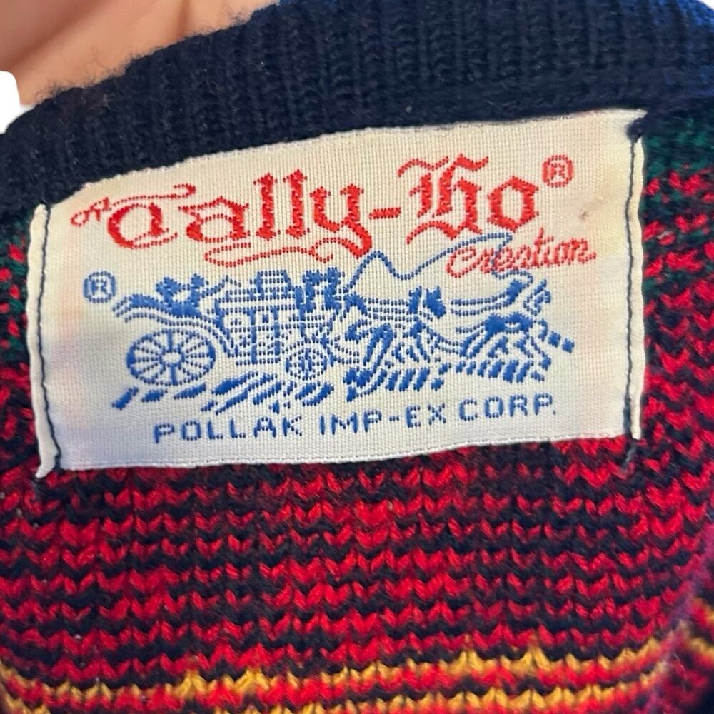 Vintage 80s Dog Fair Isle Cardigan Navy Red Gold Buttons Novelty Knit L - Picture 5 of 14